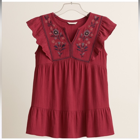 Sonoma XL Embroidered Tiered Flounce Dress Magenta Boho Flutter Sleeve Lined - Picture 1 of 4